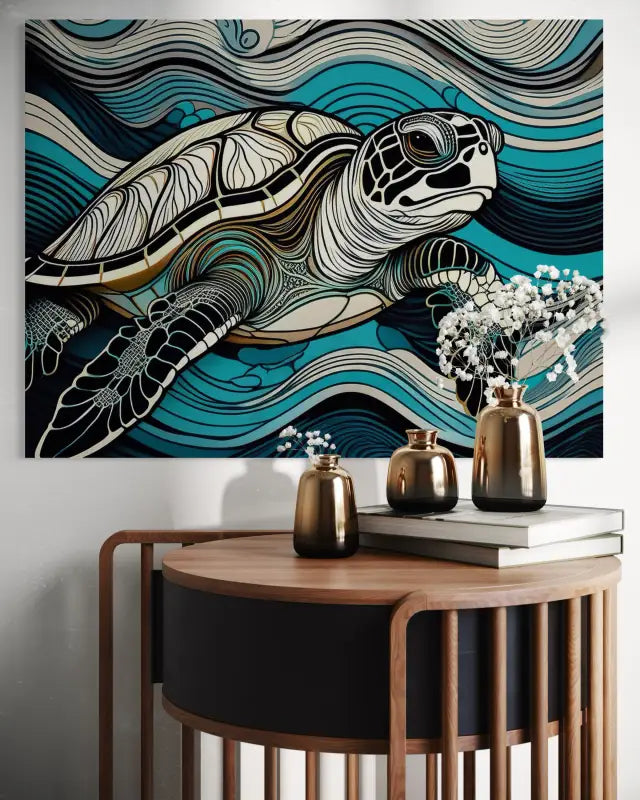 Glass print of a colorful sea turtle in line art style with blue and turquoise waves_wall statement piece
