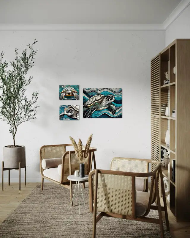 Glass print of a colorful sea turtle in line art style with blue and turquoise waves-wall gallery