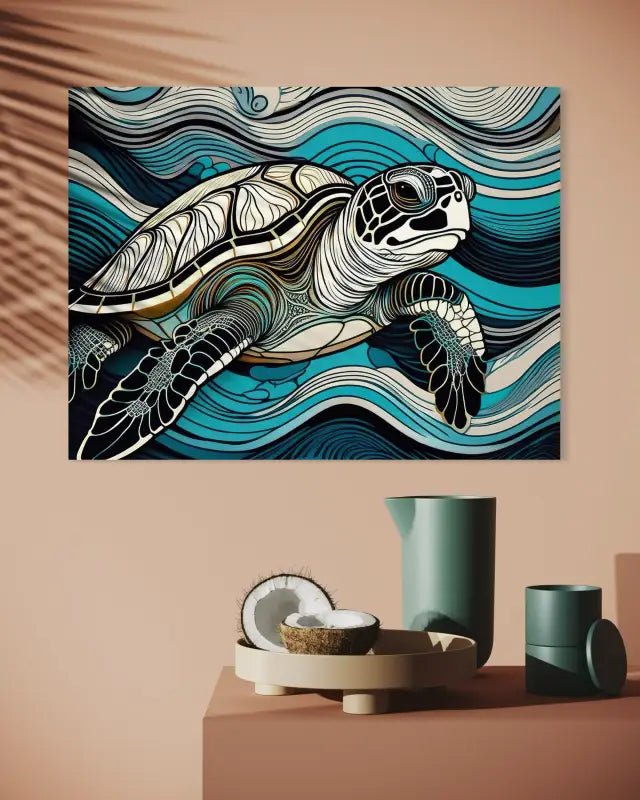 Glass print of a colorful sea turtle in line art style with blue and turquoise waves-tropical wall decor.