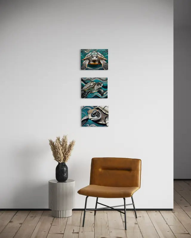 Glass print of a colorful sea turtle in line art style with blue and turquoise waves displayed with 2 other echoes turtle prints.