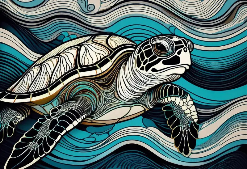 Glass print of a colorful sea turtle in line art style with blue and turquoise waves.