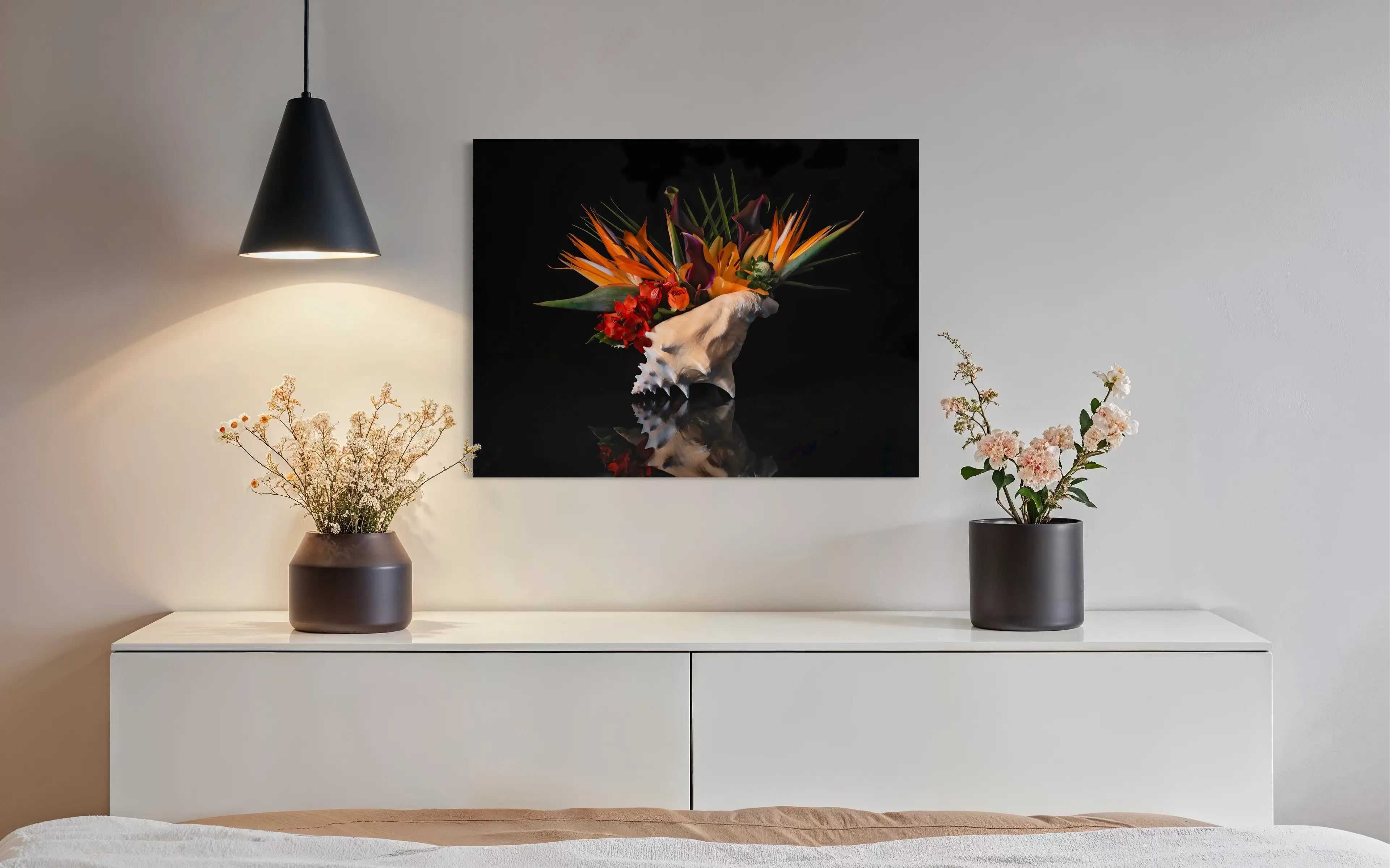 Coastal glass print with conch shell and Birds of Paradise on black background for bedroom Decor