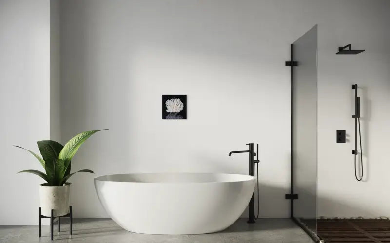 White Sea Table Coral Square Glass Print on black for coastal bathroom wall decor.