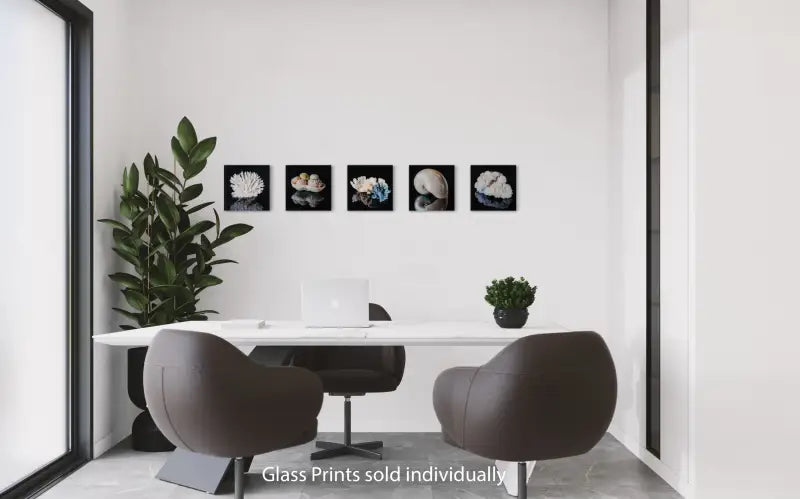 White Sea Table Coral Square Glass Print on black for coastal gallery wall decor.
