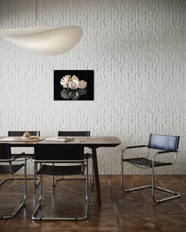 Coral and Pearl Nautilus on black reflective background coastal glass print-office decor