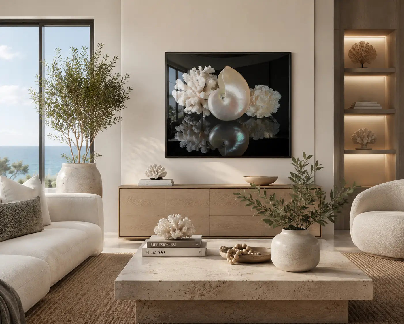 Ultra modern coastal biophilic living room with a coral and pearl nautilus glass print displayed above a light wood console, styled with soft neutrals, natural textures, and subtle glass reflections.