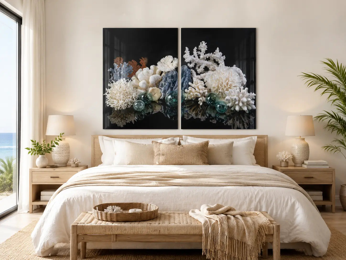 Coral reef diptych glass wall art displayed above a neutral bed in a bright modern coastal bedroom.