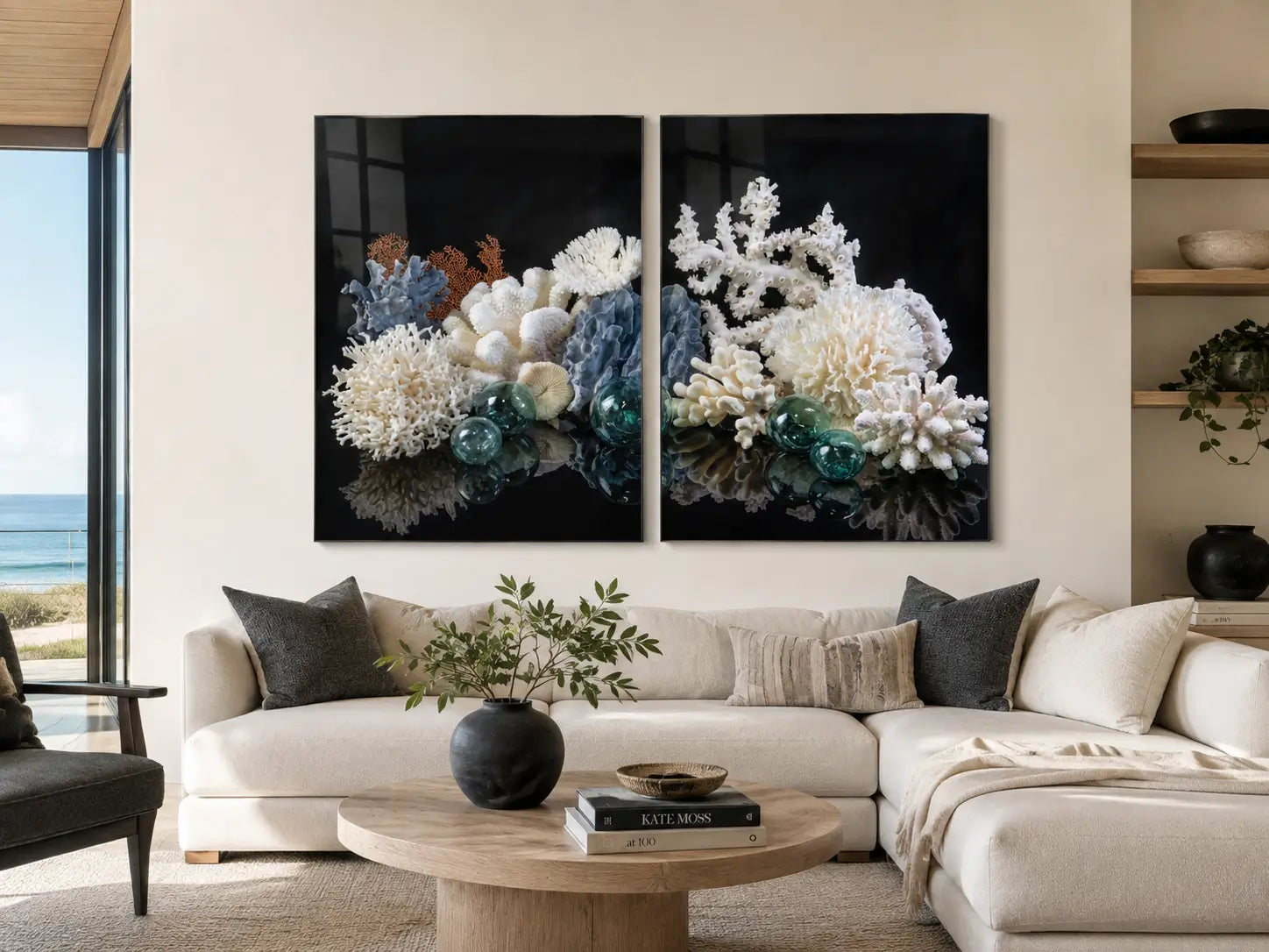 Coral reef diptych glass wall art displayed above a white sectional in a modern coastal living room.