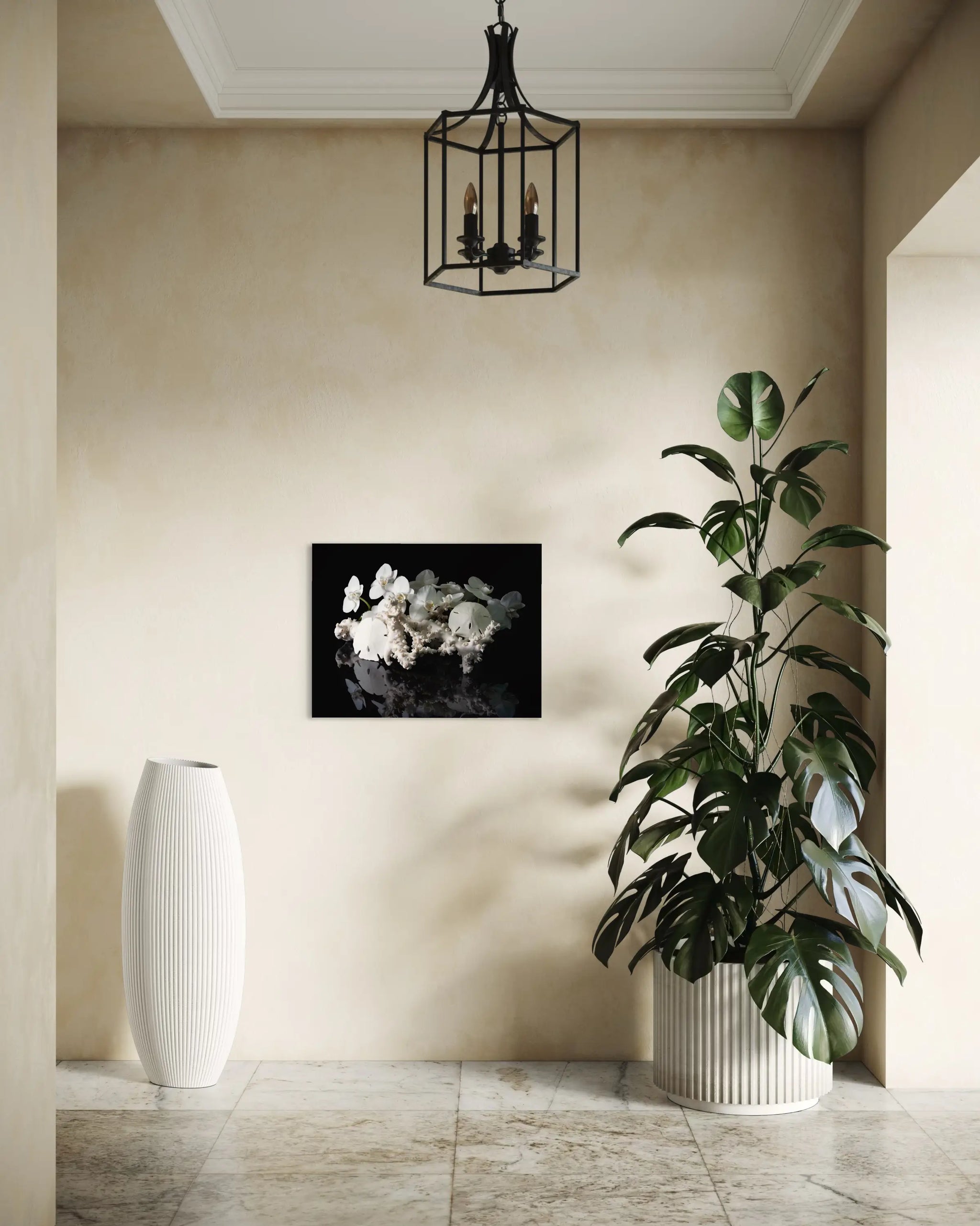 Sand dollar, coral, and white orchids on black glass print, coastal wall art, entryway