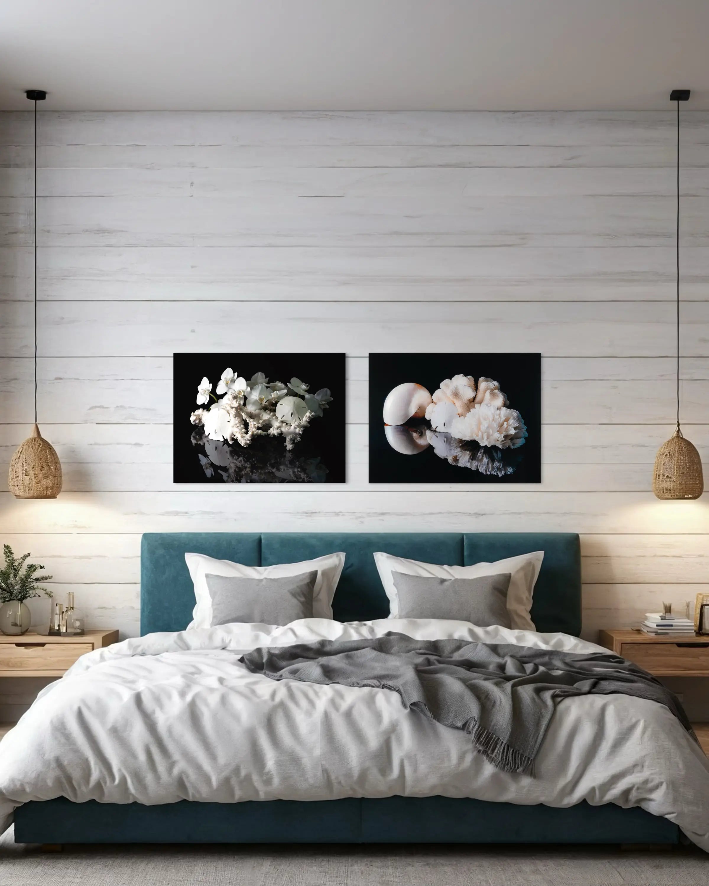 Sand dollar, coral, and white orchids on black glass print, coastal wall art shown with another Echoes print