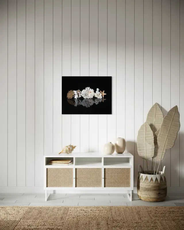 Coral and starfish glass art print on black background_sunroom decor