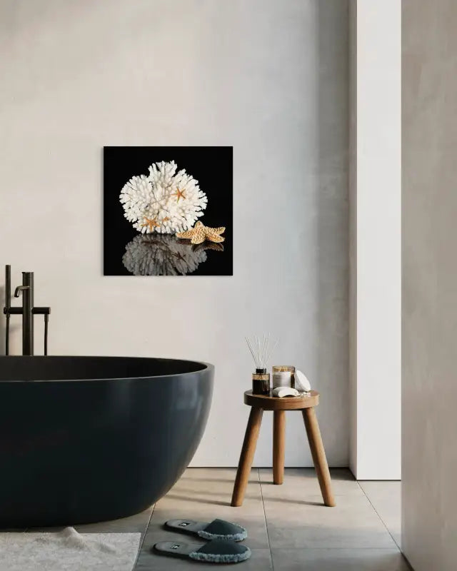 Coastal glass print of white coral and golden starfish on black background-elegant bathroom decor