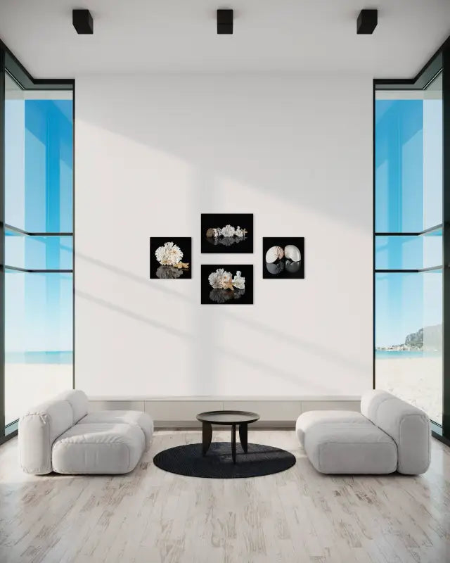 Coastal glass print of white coral and golden starfish on black background-coastal living room wall gallery