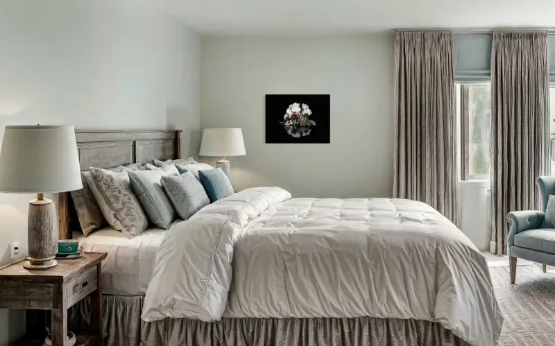 A glass print of cauliflower coral and succulents on black background-bedroom decor.
