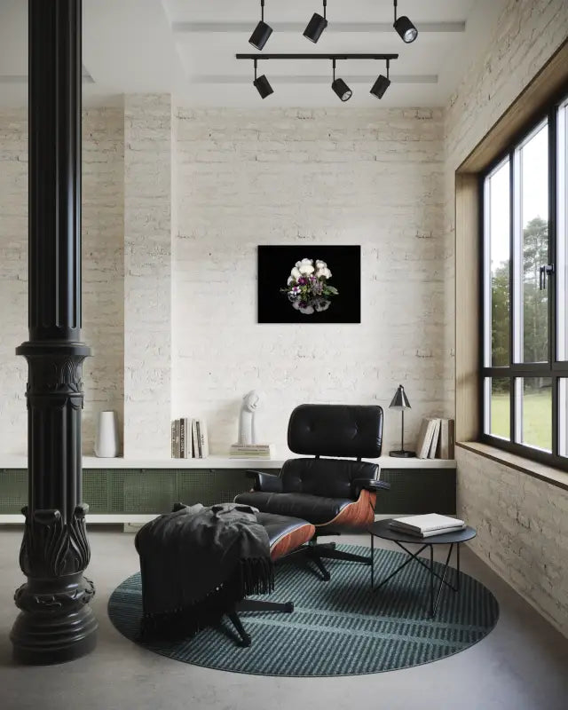 A glass print of cauliflower coral and succulents on black background-modern decor.