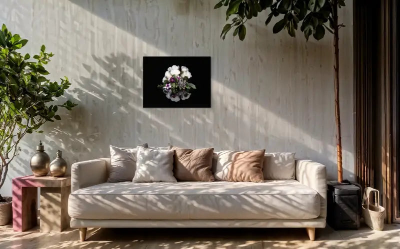 A glass print of cauliflower coral and succulents on black background-sunroom decor.