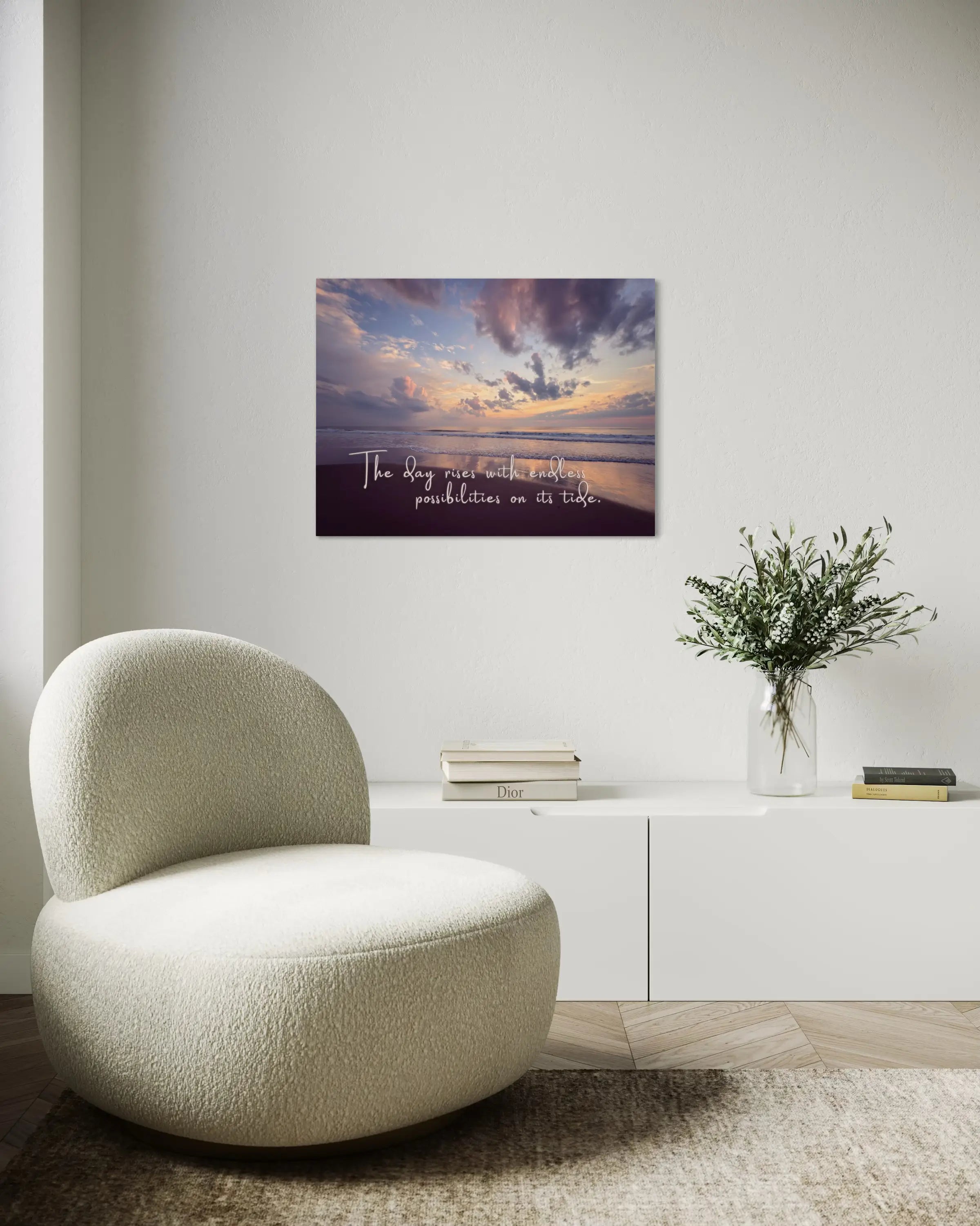 Inspirational sunrise coastal glass print in cream sitting area – beach wall art with uplifting quote for elegant coastal décor