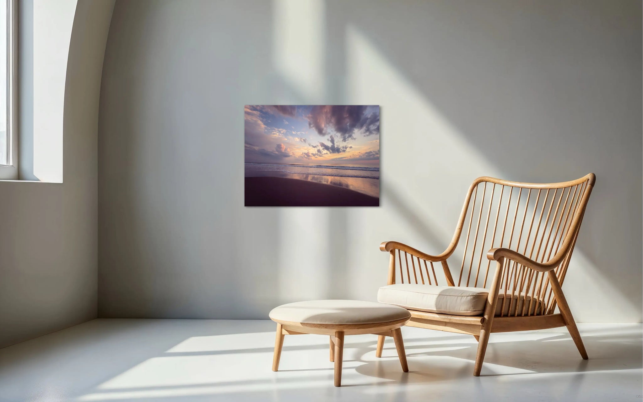 Vibrant coastal glass print featuring a sunrise on Corolla Beach in the Outer Banks, with the sun's colors reflecting on the wet sand and soft waves.