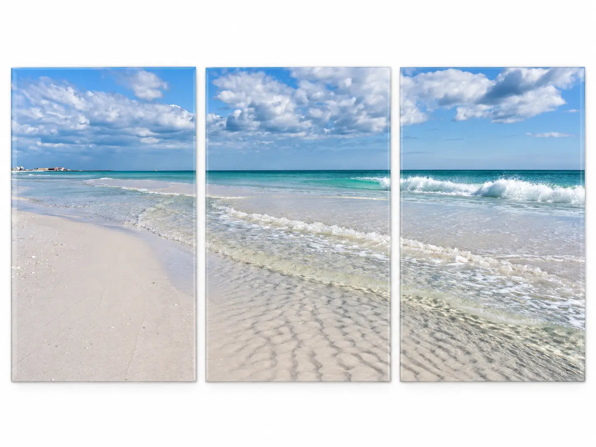Crystal Clear Beach Triptych Glass Print shown as three frameless glass panels on a white background