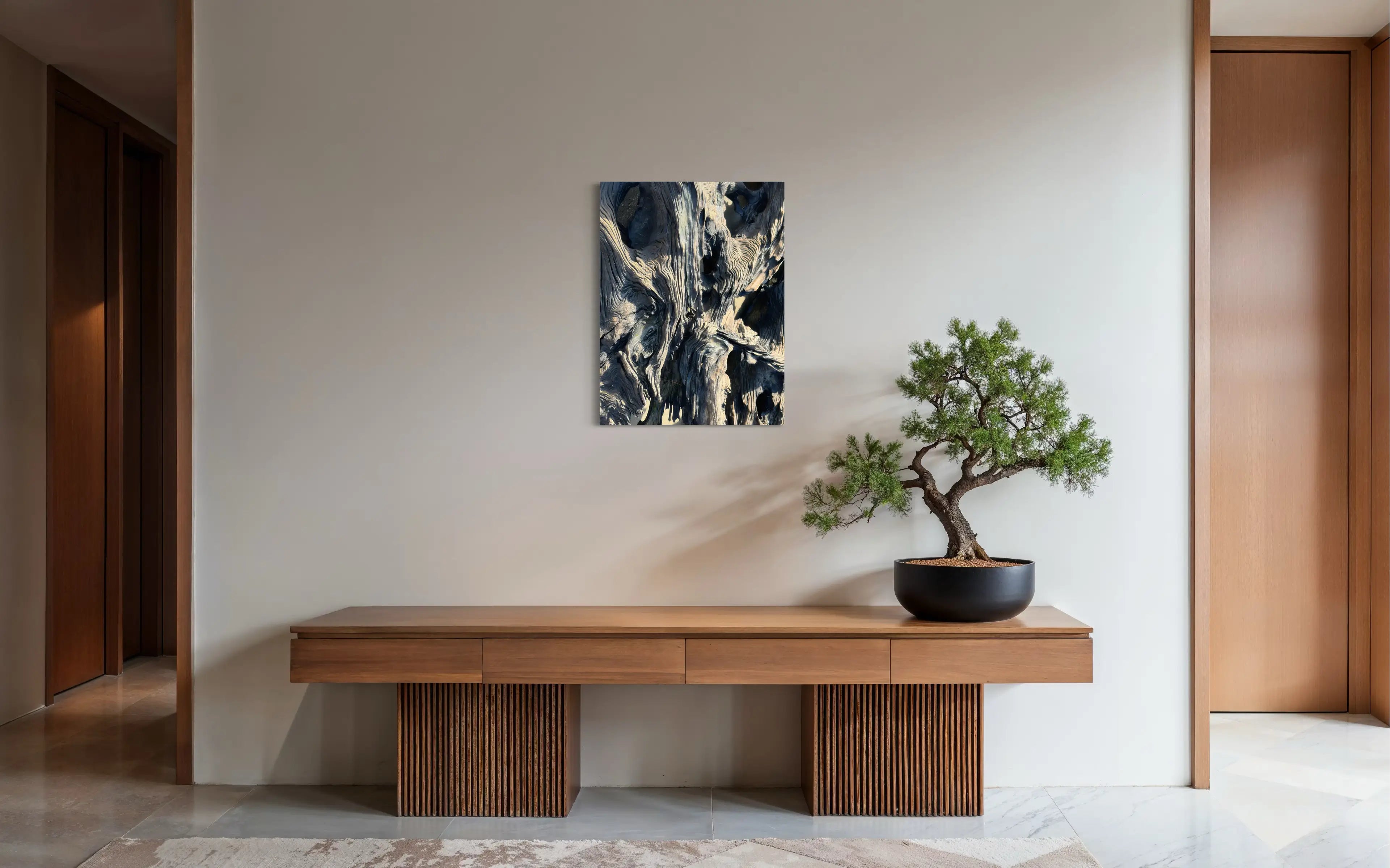 Coastal driftwood wall art hanging in a bright entryway above a wooden console table with a small bonsai tree.