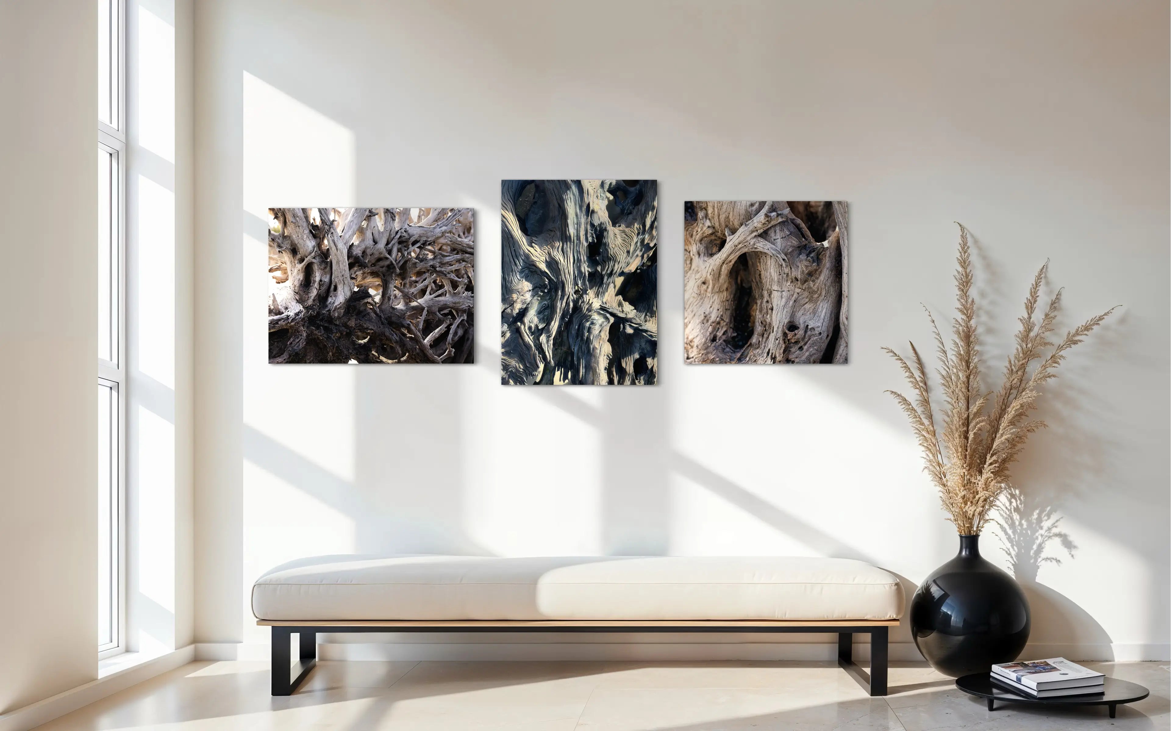 Set of three driftwood texture coastal glass prints arranged together in a bright coastal entryway, creating a natural gallery wall.