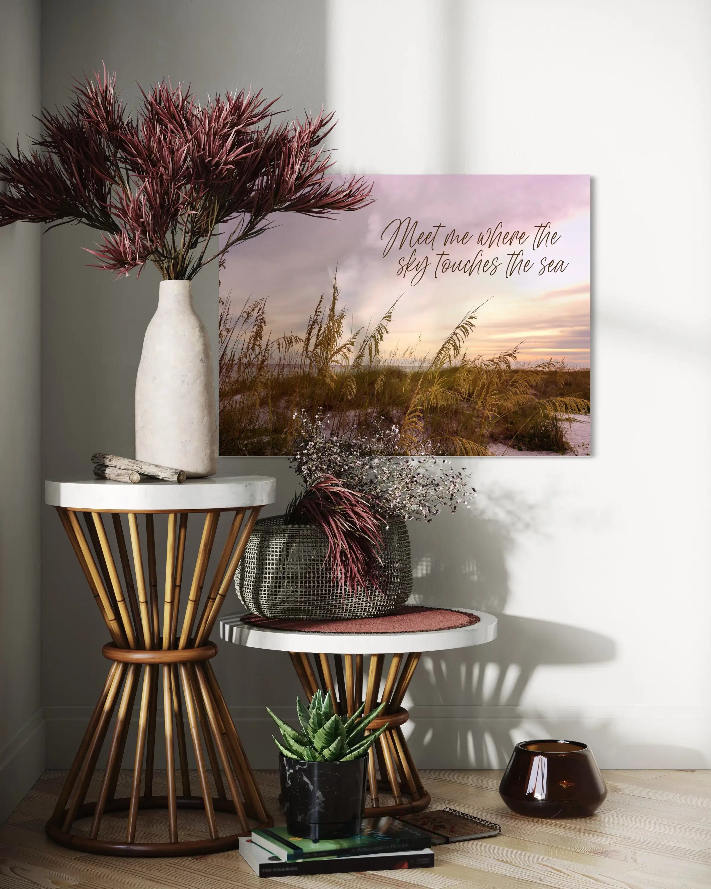 Coastal Sunset Glass Print: Dusk’s Serenity, sea oats swaying at sunset with 'Meet me where sky touches sea,' in a niche