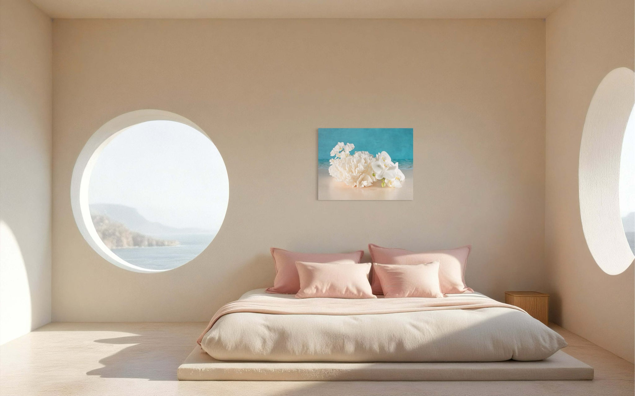 Stunning eco-friendly coastal glass print featuring cabbage coral and white orchids -bedroom wall decor