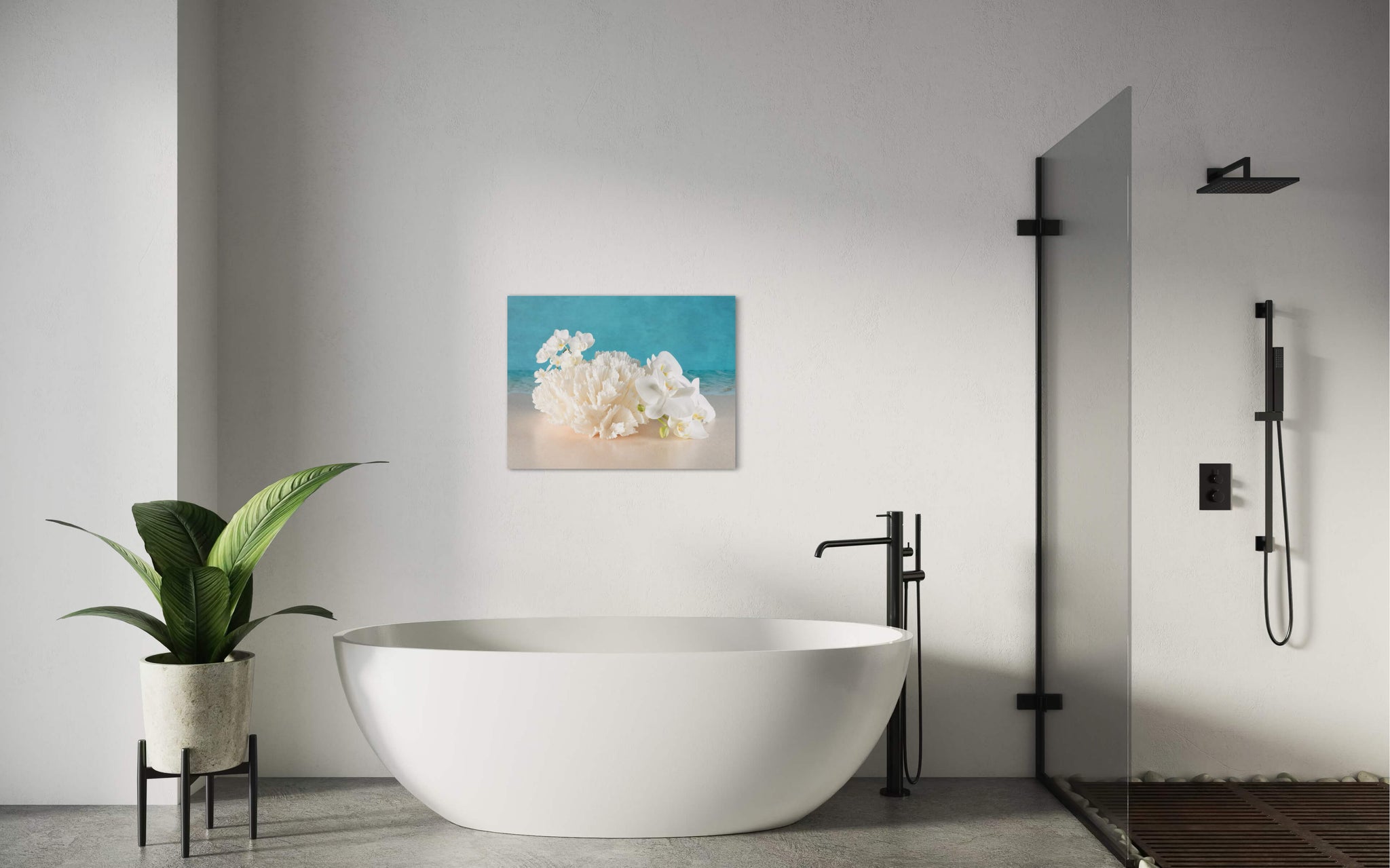 Stunning eco-friendly coastal glass print featuring cabbage coral and white orchids-bathroom wall decr