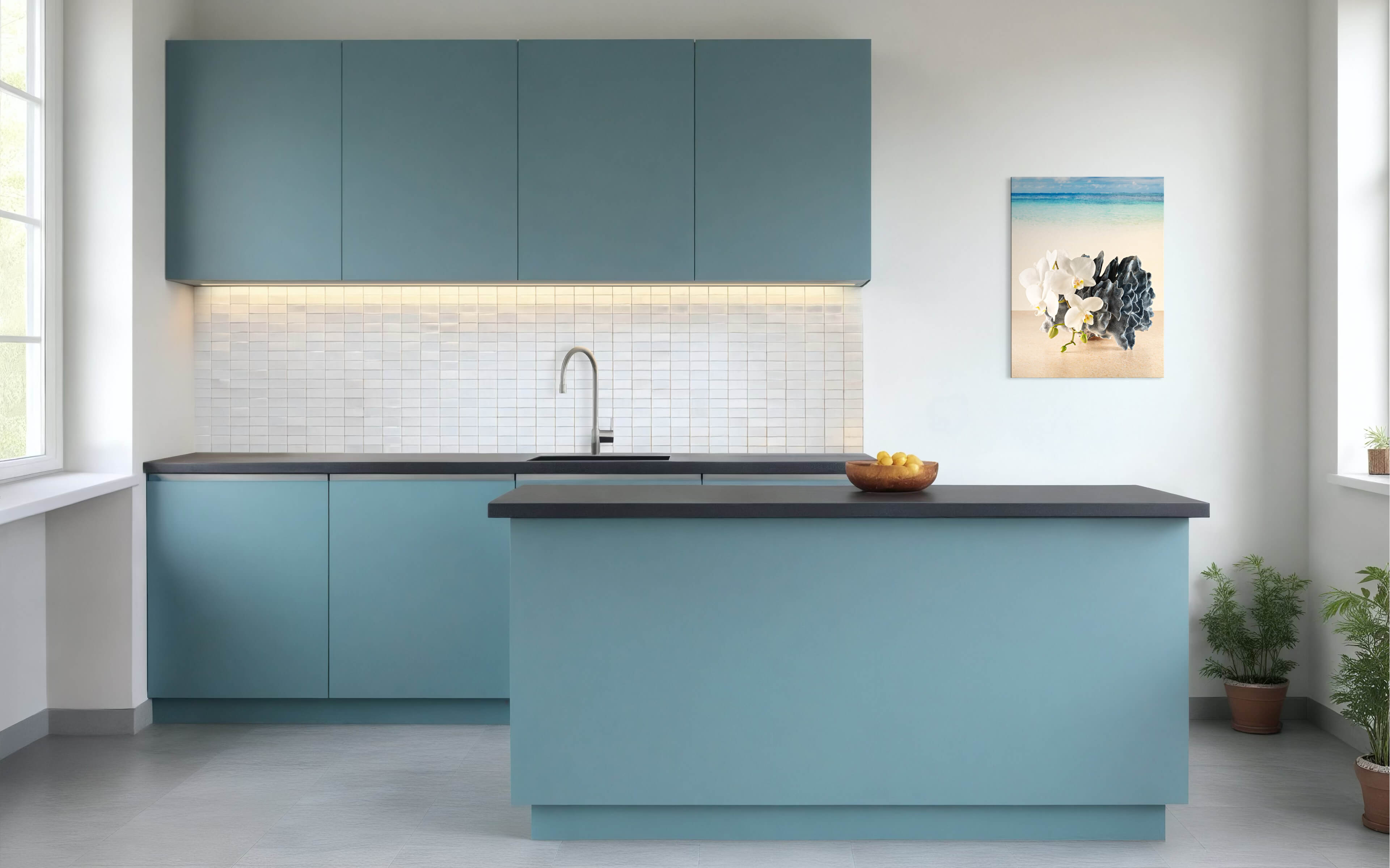 Coastal glass print with blue coral and white orchids against a serene beach scene-kitchen decor