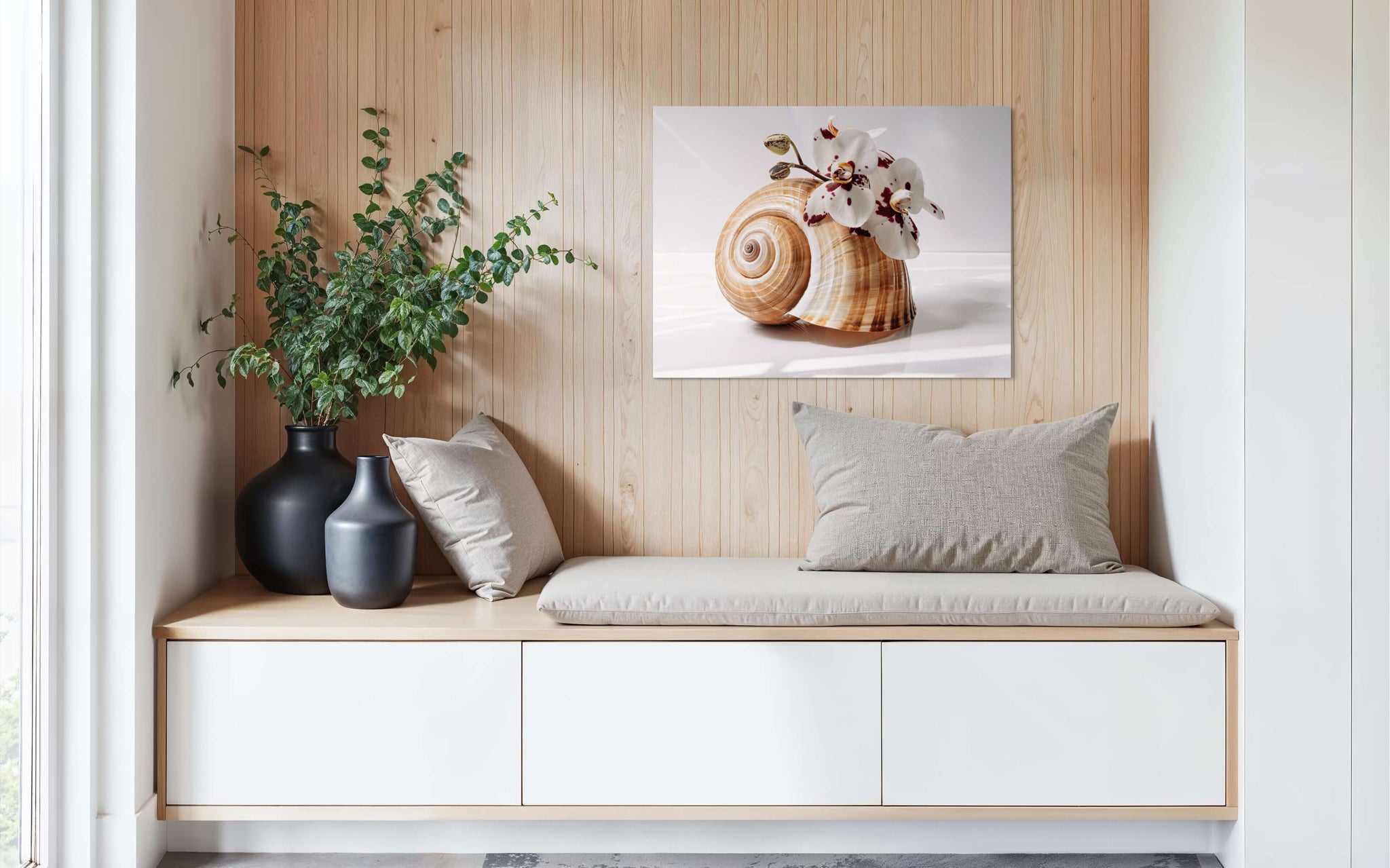 Eco-friendly coastal glass print: giant tun shell and white orchids_sitting area decor