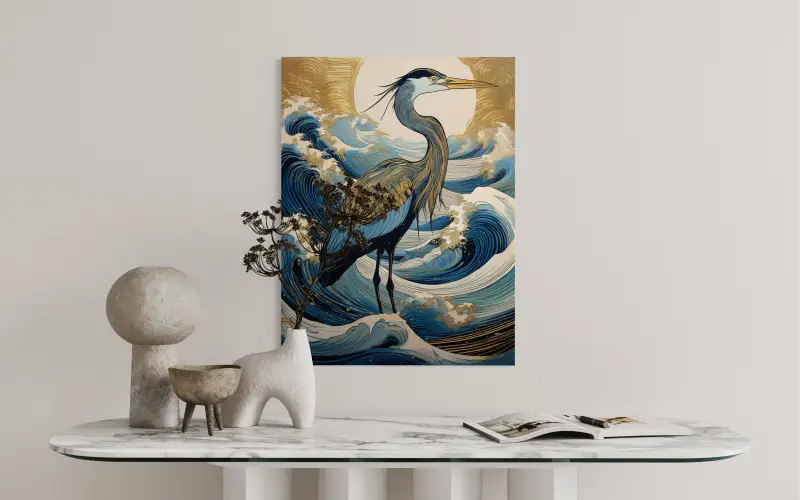 Glass print of great blue heron in hokusai waves with gold accents-above accent table.