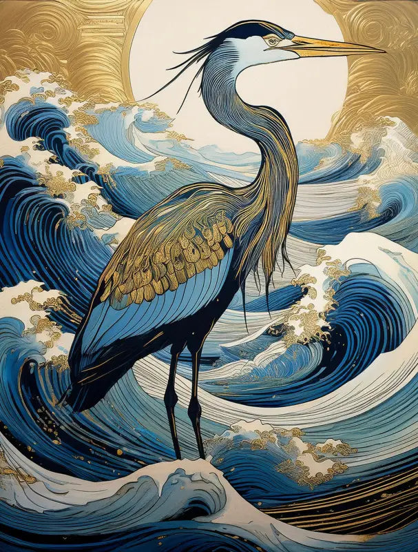 Glass print of great blue heron in hokusai waves with gold accents