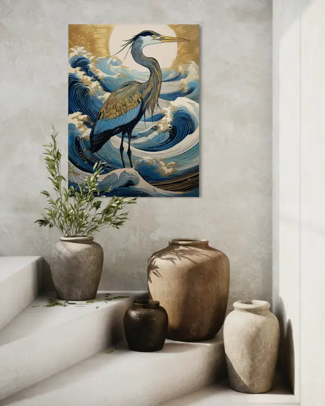 Glass print of great blue heron in hokusai waves with gold accents-stairway wall decor.