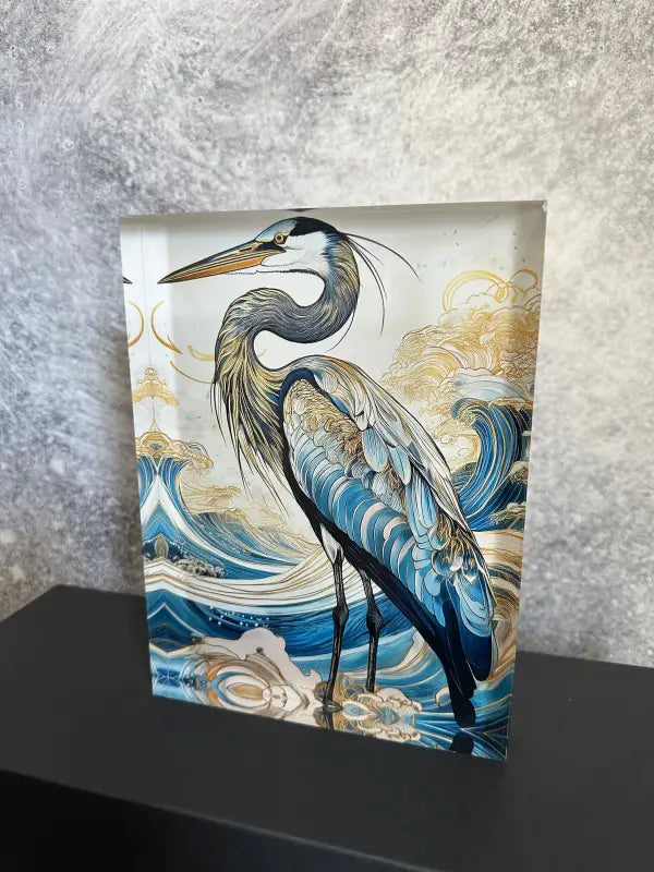 Elegant Blue & Gold Great Heron Print | Acrylic Glass Block - 6’’ x 8’’ - Coastal Prints
