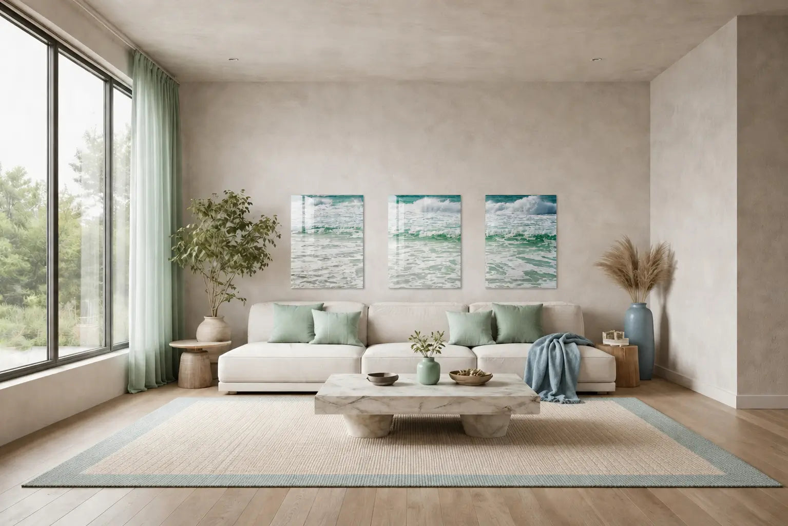 Soft coastal living room in neutrals and blues with a glass print wave triptych