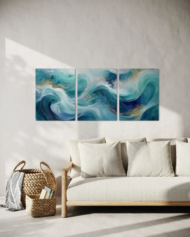 Emerald & Gold Triptych Ocean Wave Coastal Glass Print by Echoes of the Sea, coastal style