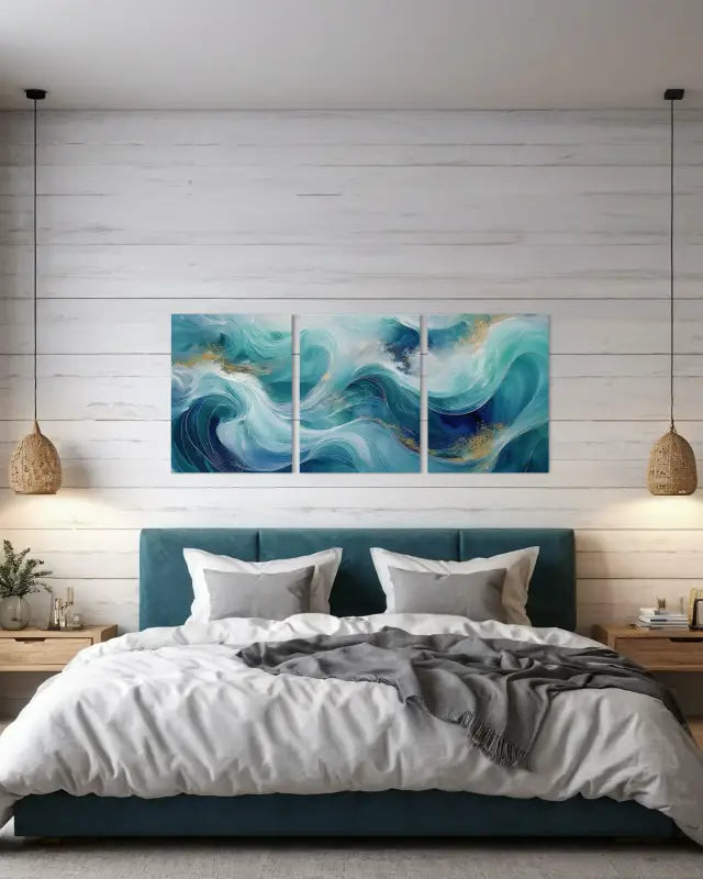 Emerald & Gold Triptych Ocean Wave Coastal Glass Print by Echoes of the Sea, bedroom wall art