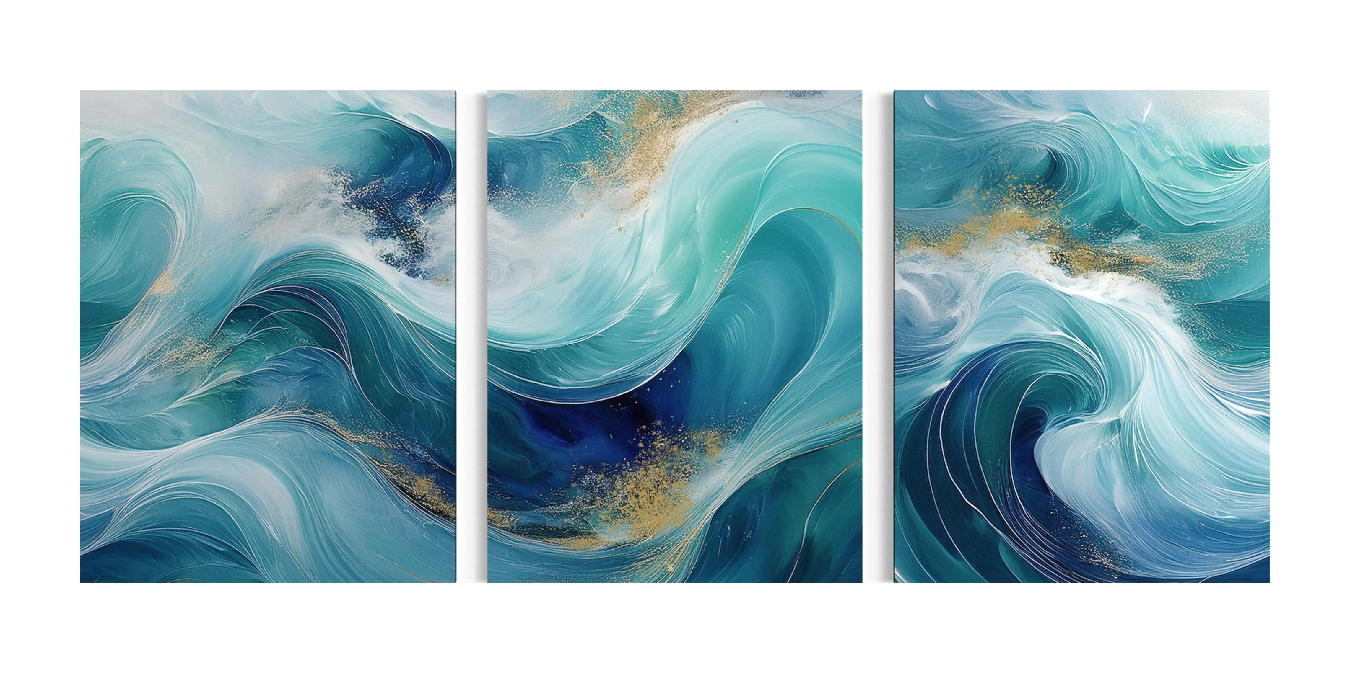 Emerald & Gold Triptych Ocean Wave Coastal Glass Print by Echoes of the Sea