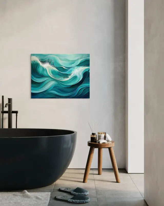 Emerald Swirl Waves Coastal Glass Print by Echoes of the Sea, ideal for coastal bathroom decor.