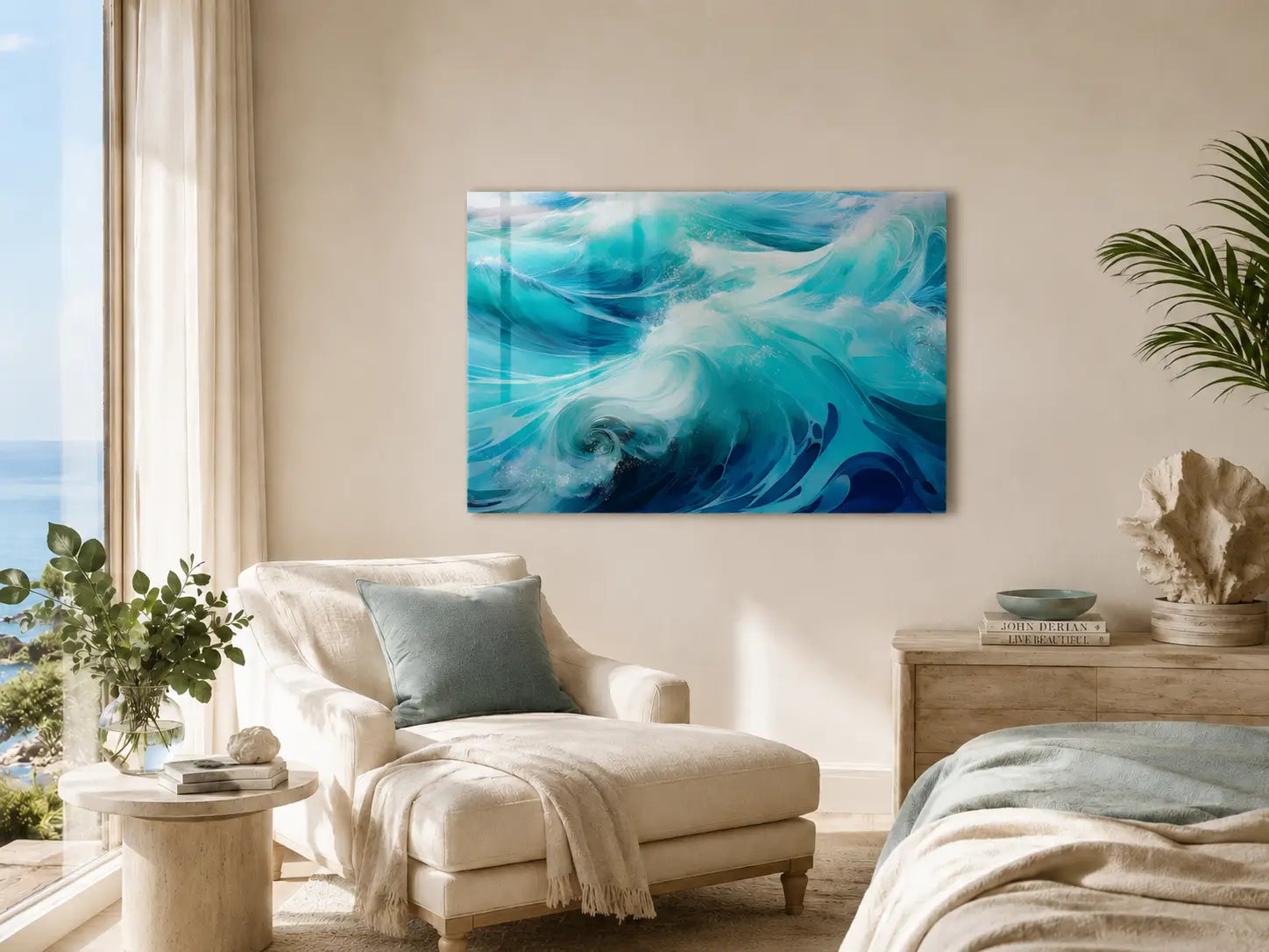Modern coastal bedroom in neutrals and soft blues with glass print of swirling blue and teal waves.