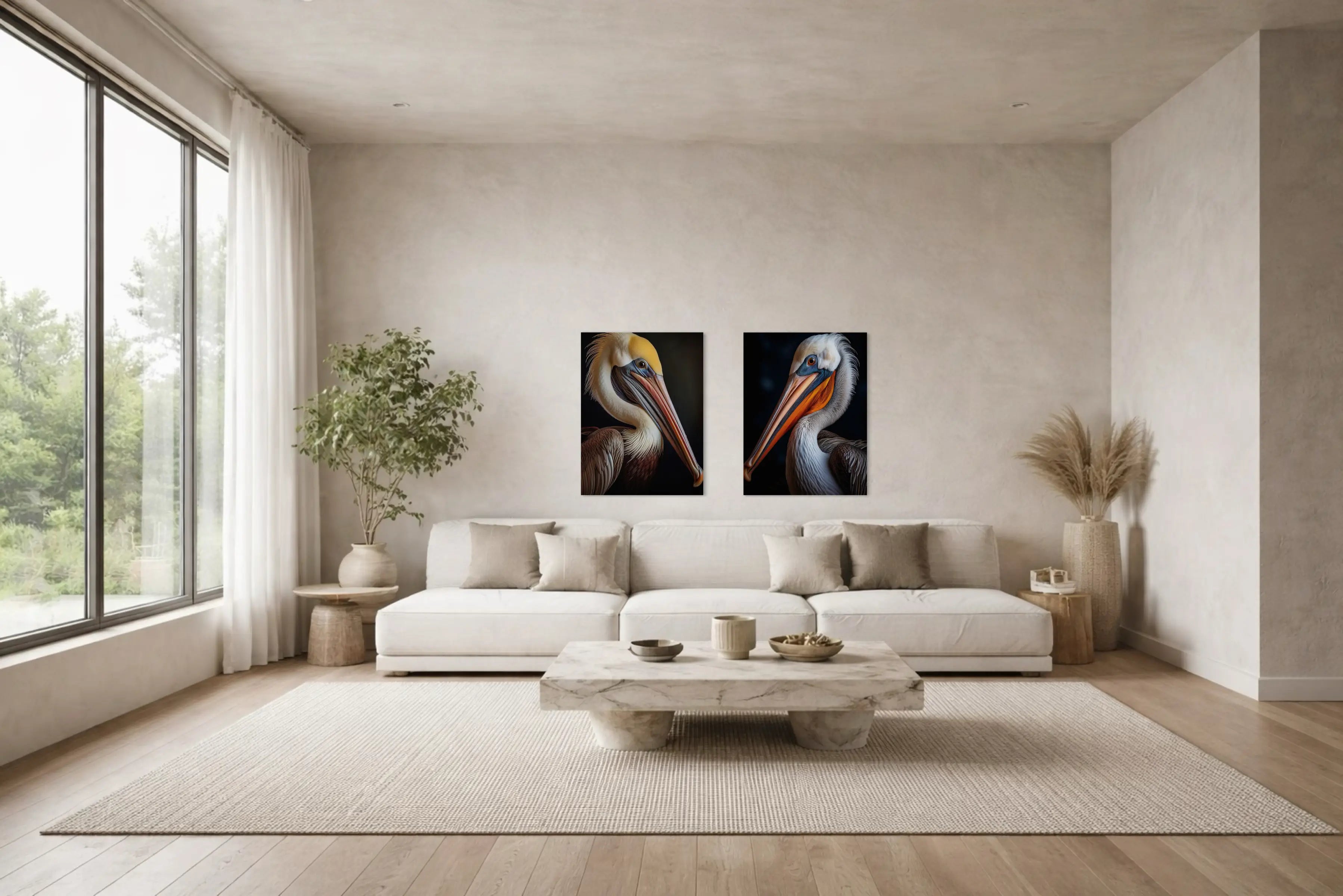 2 X-large pelican glass print set displayed in a neutral coastal living room
