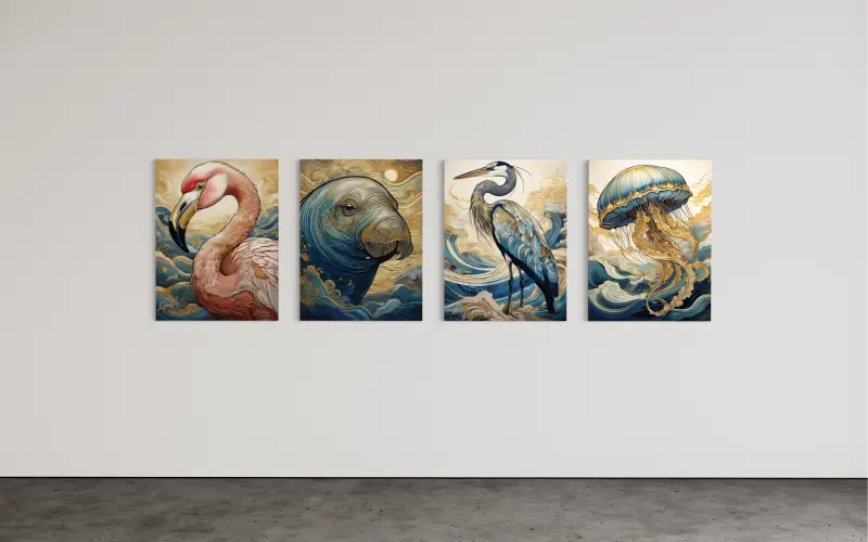 Luxury pink flamingo glass print with Hokusai-inspired blue waves and gold accents, eco-friendly coastal wall art -wall gallery