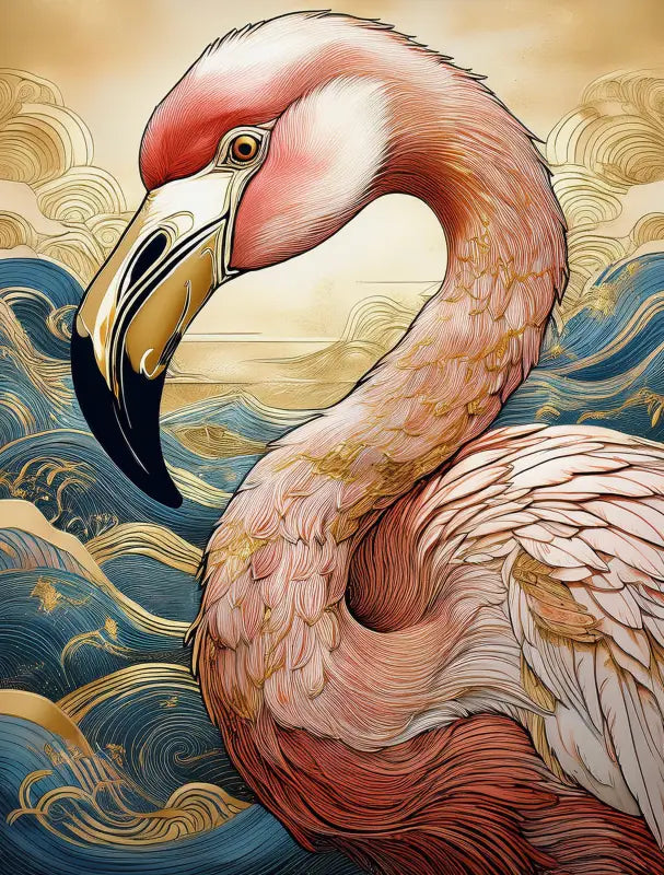 Luxury pink flamingo glass print with Hokusai-inspired blue waves and gold accents, eco-friendly coastal wall art for modern decor