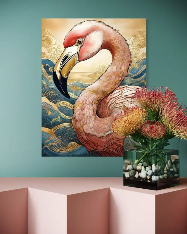 Luxury pink flamingo glass print with Hokusai-inspired blue waves and gold accents, eco-friendly coastal wall art - wall decor
