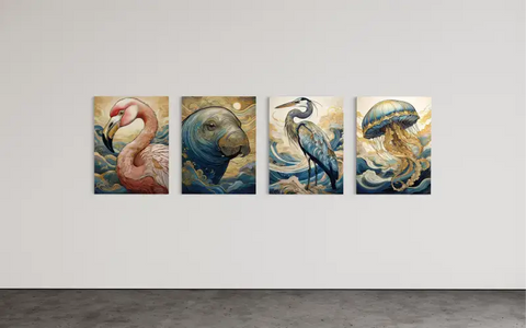 Four coastal glass art paintings of marine creatures and a flamingo on Contact Us page.