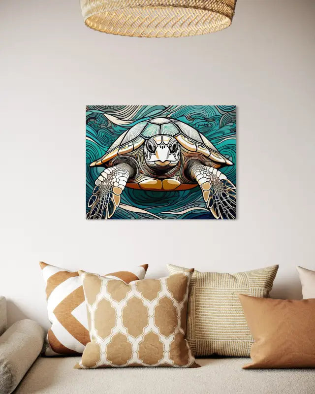 Glass print of sea turtle line art with Hokusai-style waves-above couch
