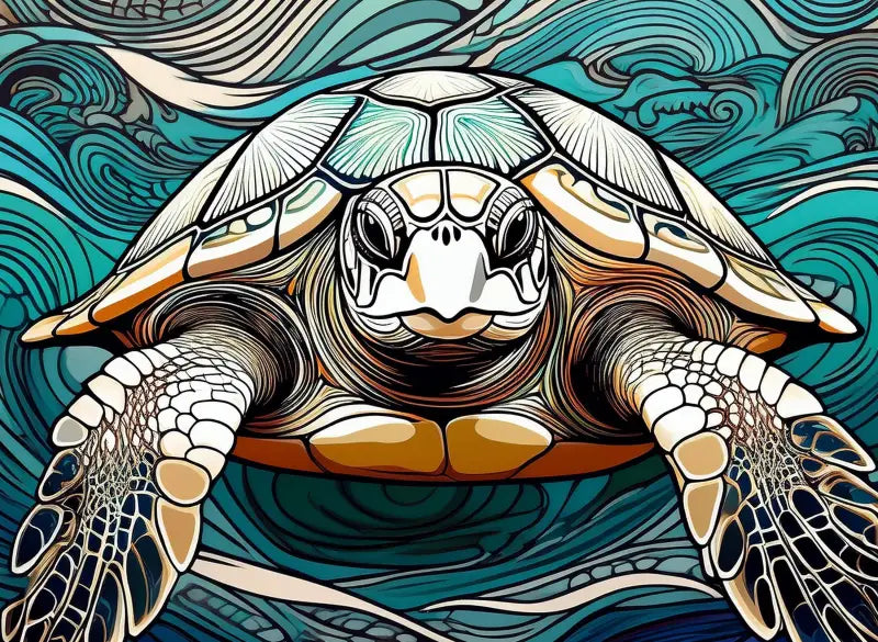 Glass print of sea turtle line art with Hokusai-style waves