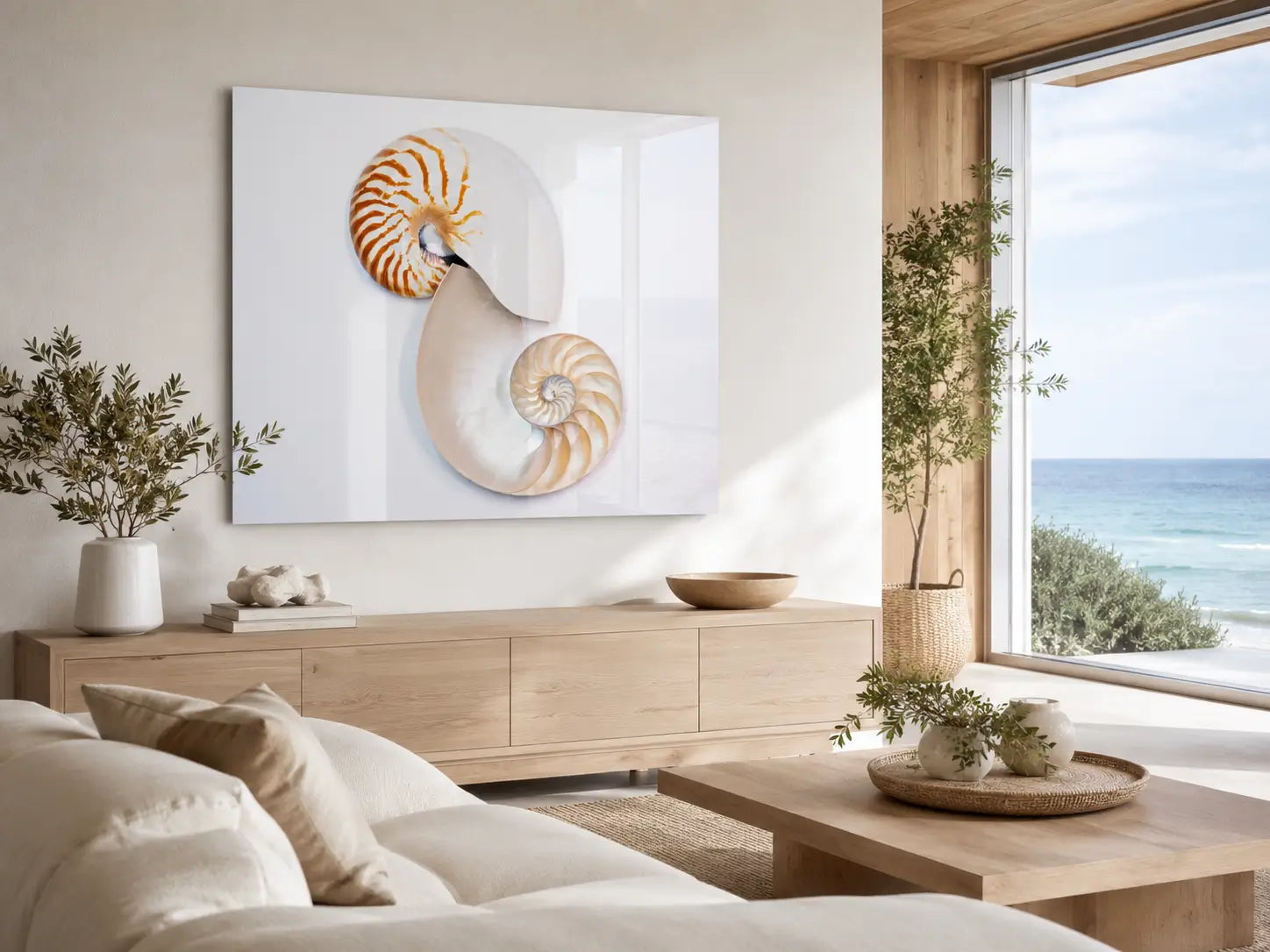 Ultra modern coastal biophilic living room with a Fibonacci Nautilus coastal glass print displayed above a light wood console, styled with soft neutrals, natural textures, and subtle reflections.