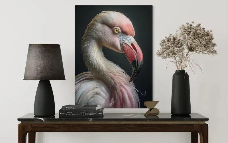 Luxury pink flamingo glass print, coastal wall art, eco-friendly, vibrant colors, made in USA-above side table