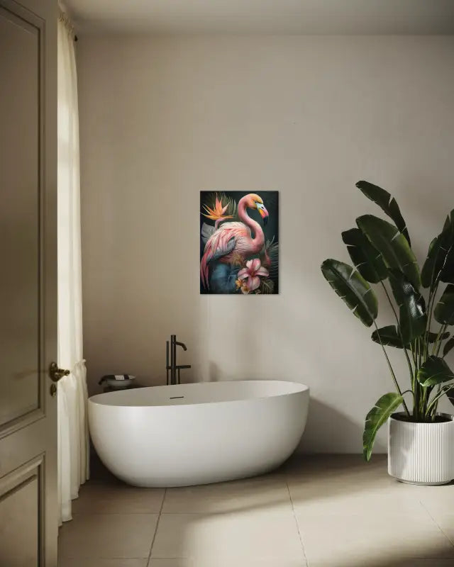 Fantastical Flamingo Bird of Paradise Coastal Glass Print by Echoes of the Sea_coastal bathroom wall decor.